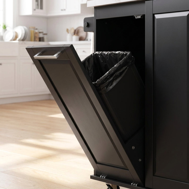 Îlot de cuisine Kavrell 50,7 po avec abattant, chariot de cuisine roulant avec armoire à poubelle inclinable, organisateur coulissant à 2 niveaux, 2 tiroirs, armoire de rangement et roues verrouillables