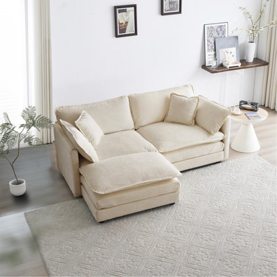 Chenille Two-Seater Sofa With 1 Footrest, 2 Seater L-Shaped Sectional With Ottoman,Loveseat With Ottoman For Small Living Space, Light Coffee Chenille