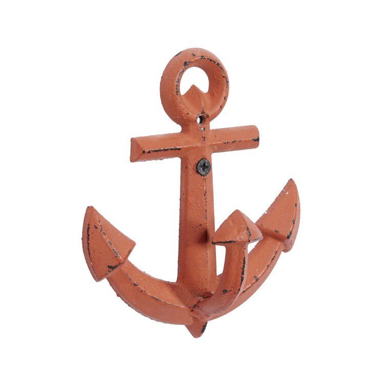 KiaoTime Red Vintage Rustic Cast Iron Nautical Anchor Design Wall Hooks Coat Hooks Rack, Decorative Wall Mounted Antique Shabby Chic Metal Home Bath R