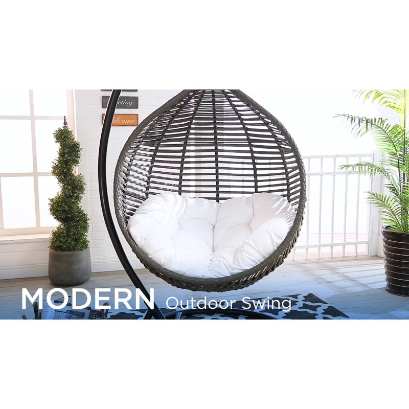 Teardrop Gray Wicker Rattan Hanging Chair with Tufted Cushion