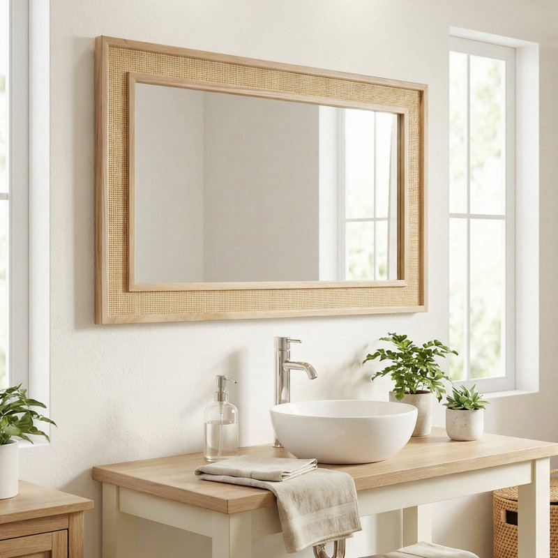 Rectangle Rattan Mirror Wood Frame Mirror Full Length Mirror Hanging, 76" H x 34" W