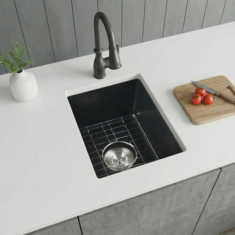 Évier de bar en composite de granit noir LQS 13 po x l 15 po avec grille d'évier et crépine, Noir