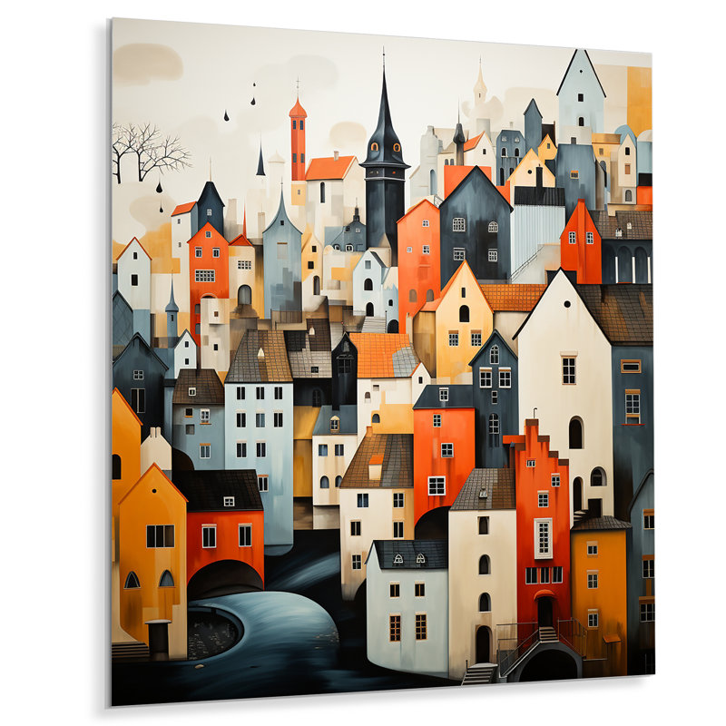 Danemark - Toits écarlates Collage III - décor mural en métal Cityscapes, H 32 po x l 24 po x P 1 po
