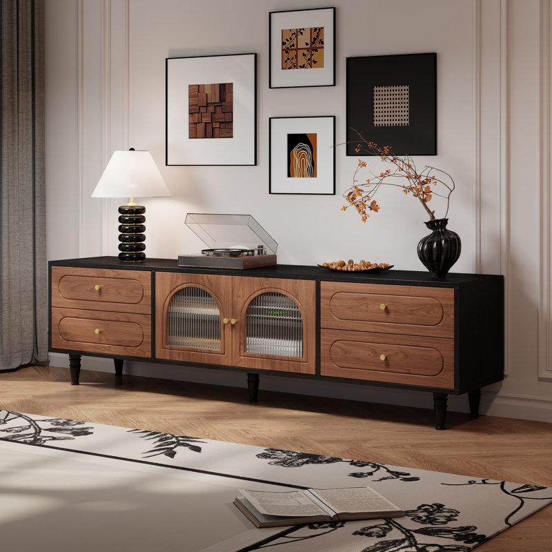 78.7"W Mid-Century Modern TV Stand with Drawers and  Cabinets, Black