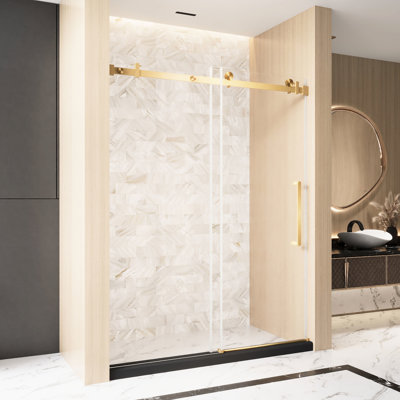56 - 60 "w X 76" H Brushed Gold Single Sliding Shower Door, 1/4" (6 Mm) Clear Tempered Glass, Film, Stainless Steel Track And Handle, American Design, Large Wheels For Silent Efficient Sliding,