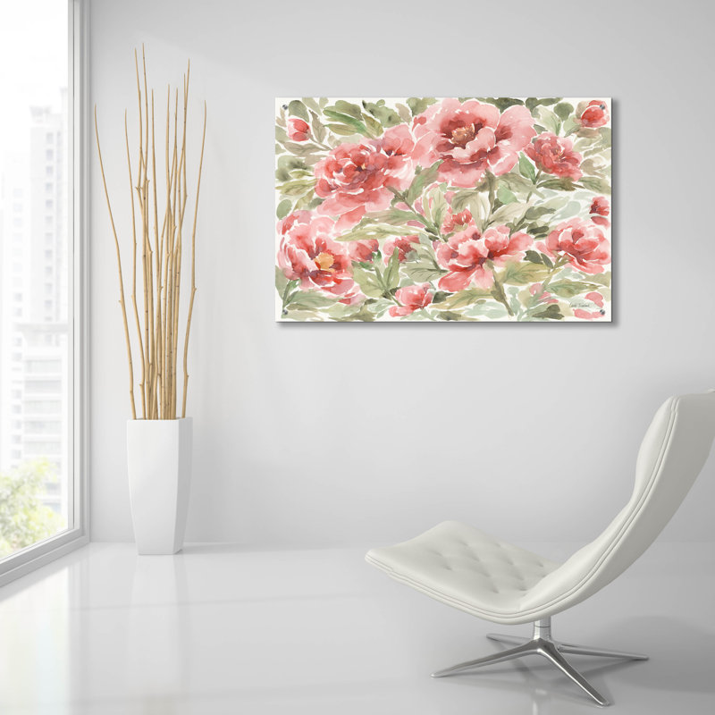 «Pink Peony» par Leslie Trimbach, art mural en verre acrylique, H 24 po x l 36 po x P 0,2 po