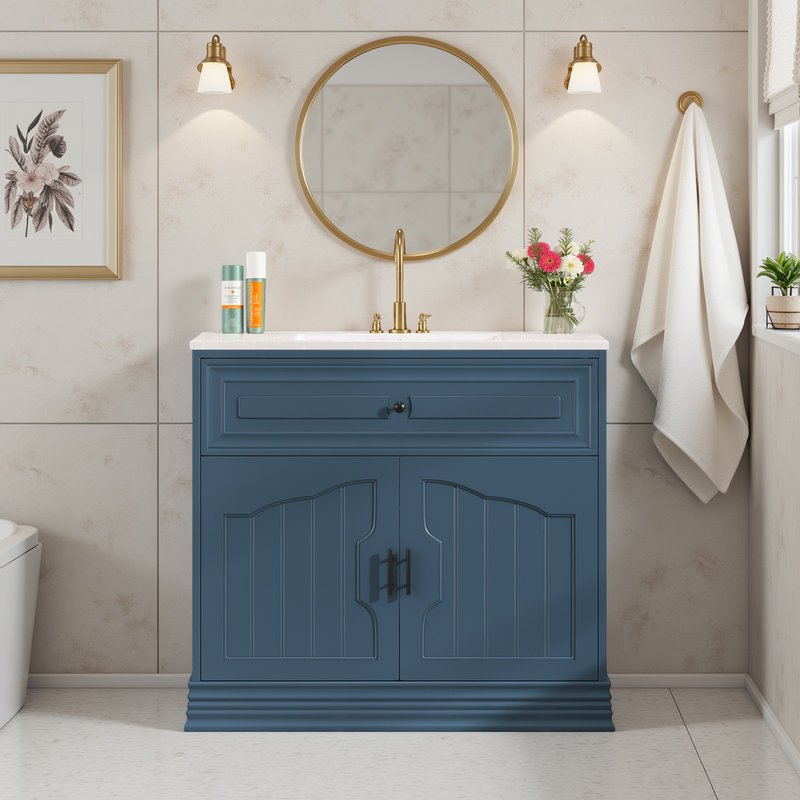 Meuble-lavabo 36 po avec lavabo en céramique, tablette réglable et portes à fermeture en douceur, Bleu
