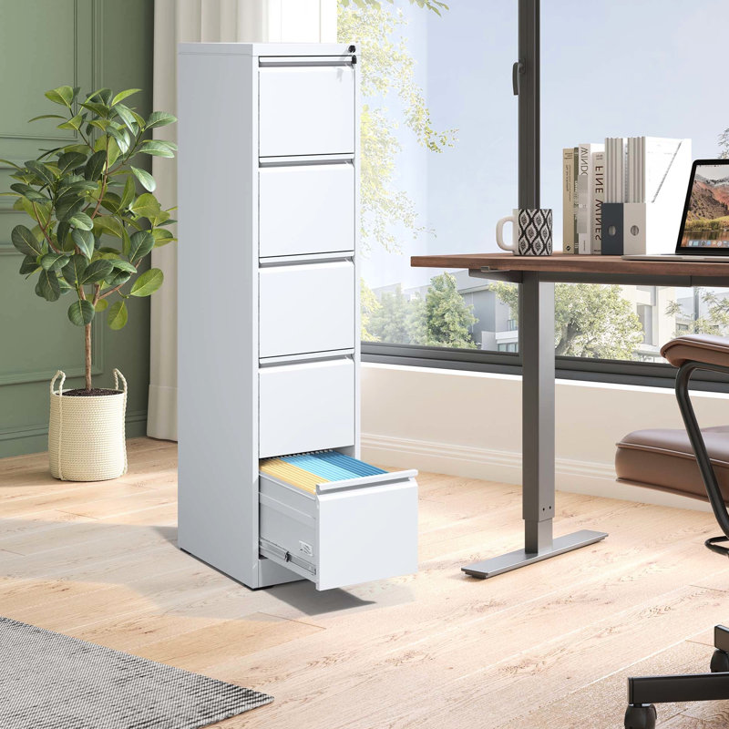 Office/Home 5 Metal File Cabinet, Steel Build, Smooth Operation, Tilt Prevention, Full Extension Drawers, White 5 Drawer Cabinet With Lock, For Office/Home, White, Tilt Security Feature