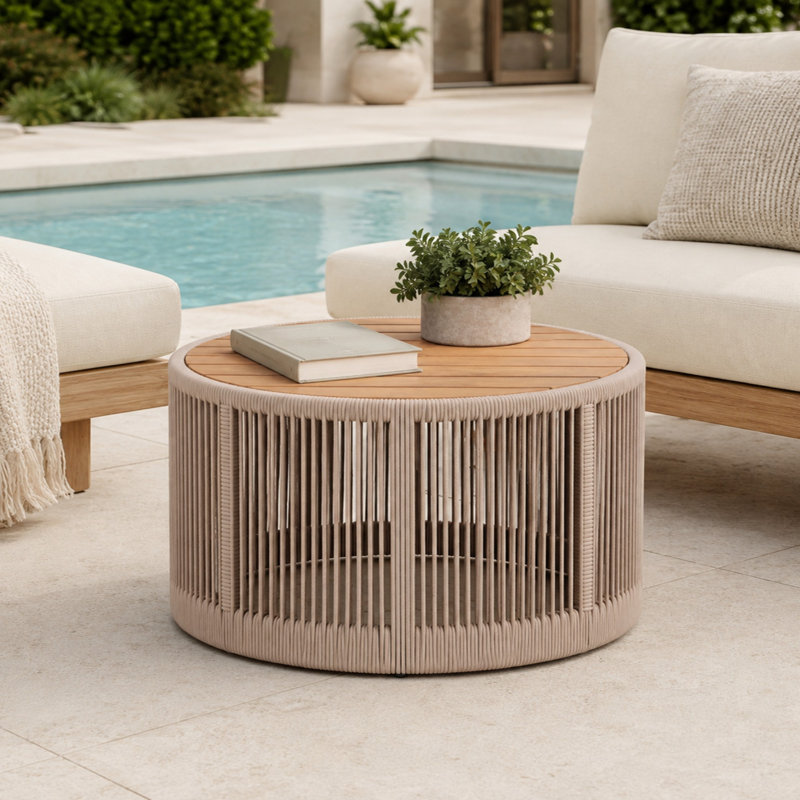 Table basse ronde en bois d'acacia avec détails en corde et structure en métal