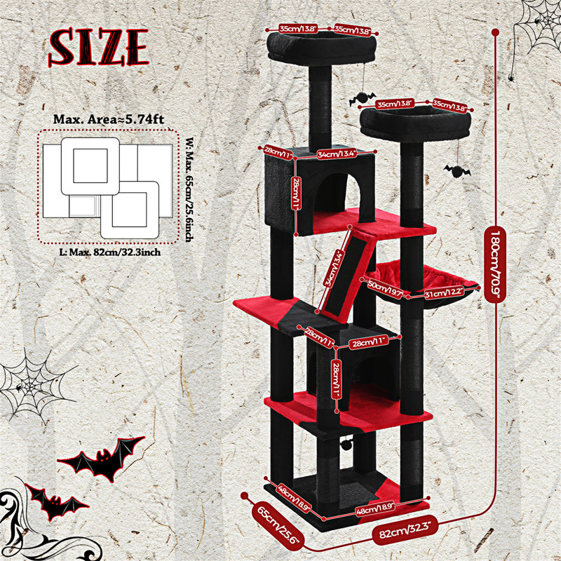 Gothic Black and Red Sisal Multi-Level Cat Tree Tower