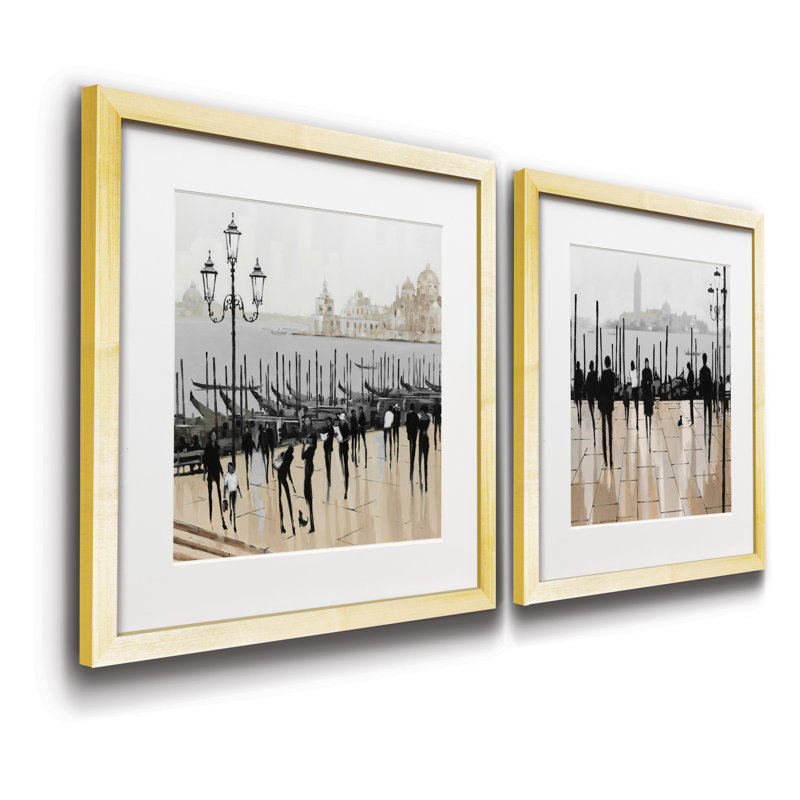 «Quiet Gondolas I», ensemble de 2 reproductions d'art graphique, Blanc, Papier encadré doré, H 16 po x l 32 po x P 1,5 po