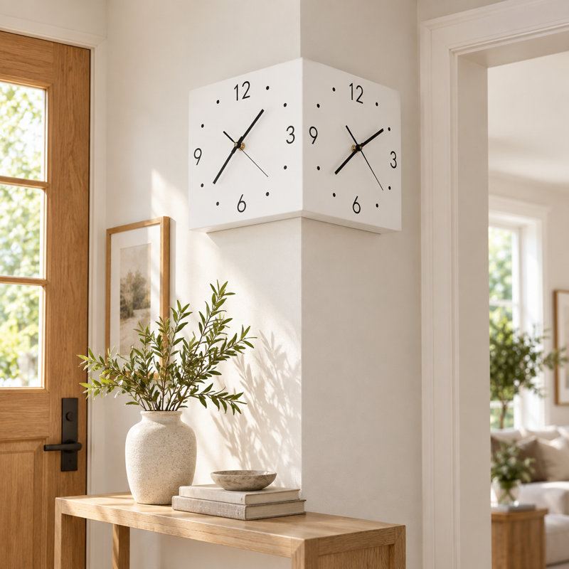 Dual-Sided Corner Wall Clock with Sound-Activated Light, Ultra-Quiet Under 20 dB, White
