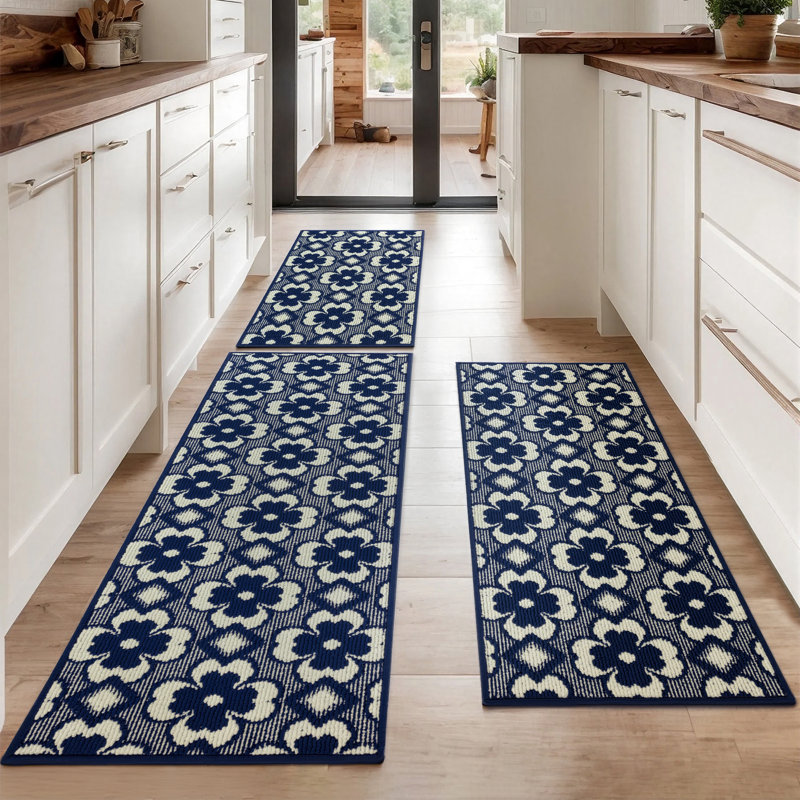 Tapis de couloir antidérapant lavable à poils longs et courts (ensemble de 2), Bleu