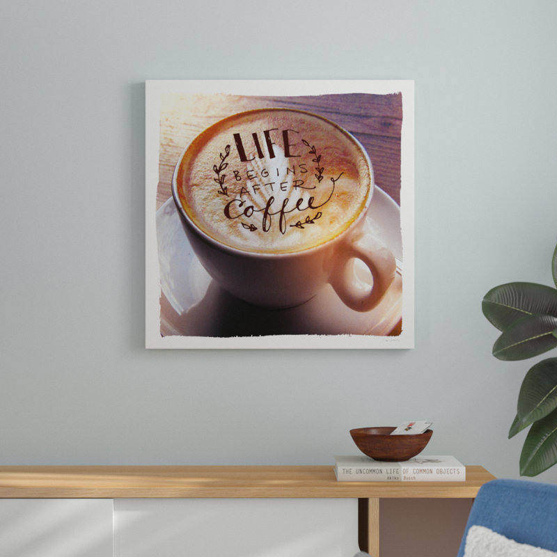 Reproduction d’art textuel sur toile, "Life débute after coffee" par Sue Schlabach, H 30 po x l 30 po