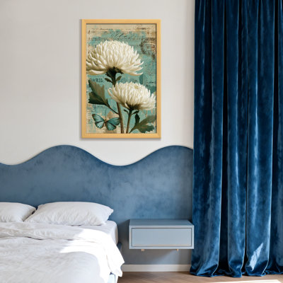 Plantes et fleurs, chrysanthèmes blancs, papillon bleu, notes de musique, fond rétro