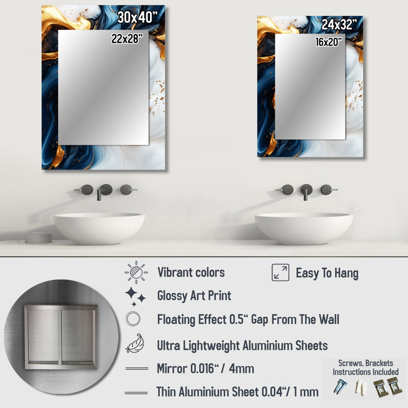 Abstract Marble In Blue And Gold - Marble Decorative Mirror, Modern Wall Mirror, Printed Metal Art, 40" x 30"