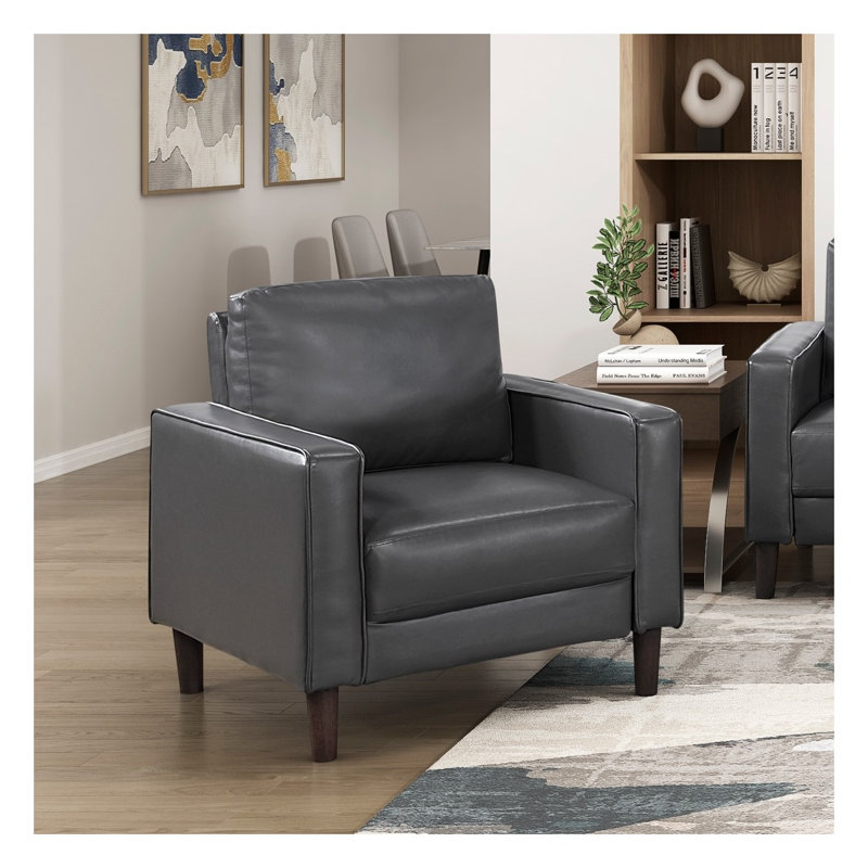 Chaise d'appoint rembourrée en similicuir gris foncé avec structure en bois massif et rembourrage à ressorts ensachés