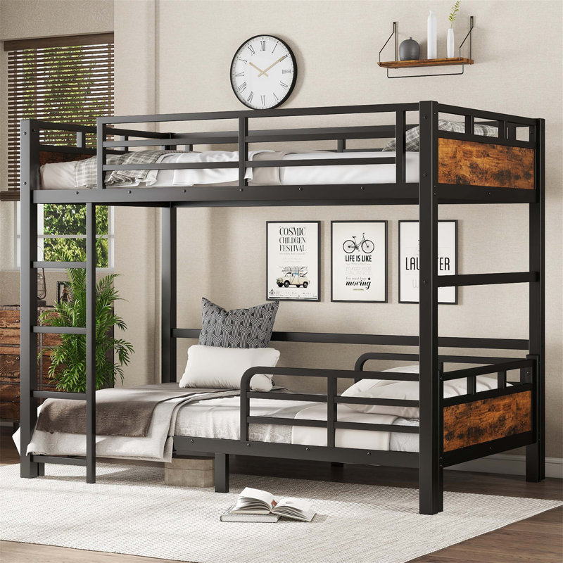 Twin XL Over Twin XL Metal Bunk Bed With Raised Security Fence, Vintage Wood-Colored, Space-Saving And Versatile Design, Twin