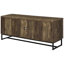 Console de télévision en chêne rustique avec portes à chevrons, rangement réglable et base industrielle en métal, finition, tablettes de rangement
