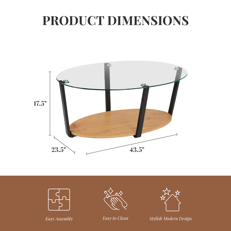 Nessa Oval Coffee Table with Glass Top and Oak Shelf