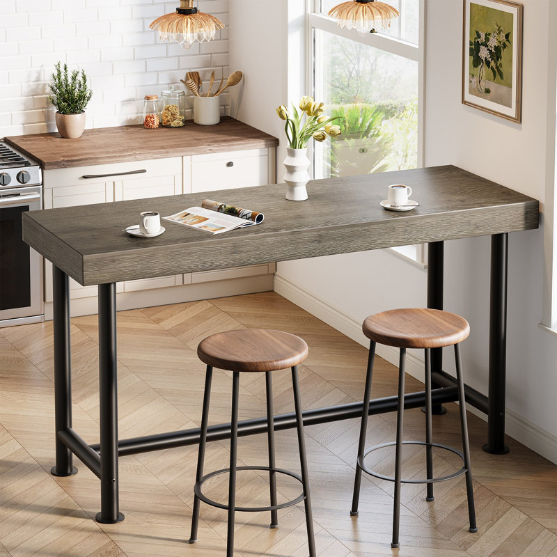 Solid Wood Bar Table, 62.99"Long Counter Height Bar Table For Kitchen Or Home Bar, Brown+Black