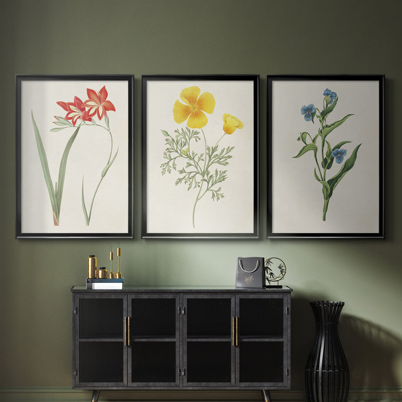 Fleurs des saisons IV - Toile tendue avec châssis sur mesure - 3 pièces, H 30 po x l 63 po, Noir, noir, noir, noir