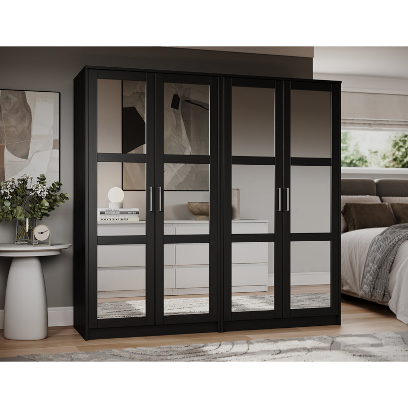 Armoire-penderie modulaire 100% bois 4 portes avec portes en miroir, rangement dans la chambre à coucher - Collection Urban