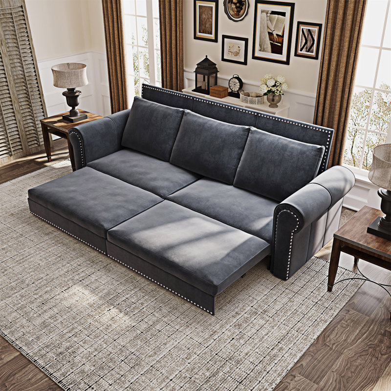 Canapé-lit Chesterfield avec garniture cloutée, Gris