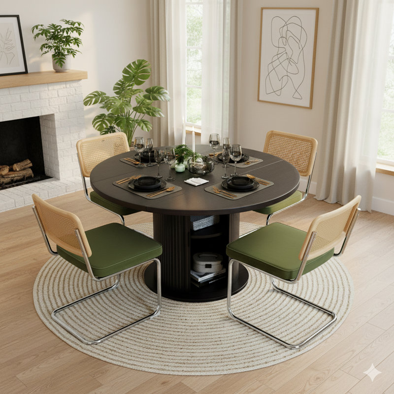 5-piece Round Pedestal Dining Set With Cane Back Cantilever Chairs, Green
