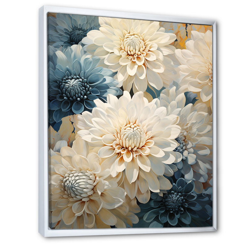 «Mums White and Blue Elegance I», reproduction sur toile, H 20 po x l 12 po x P 1 po, Cadre flottant blanc