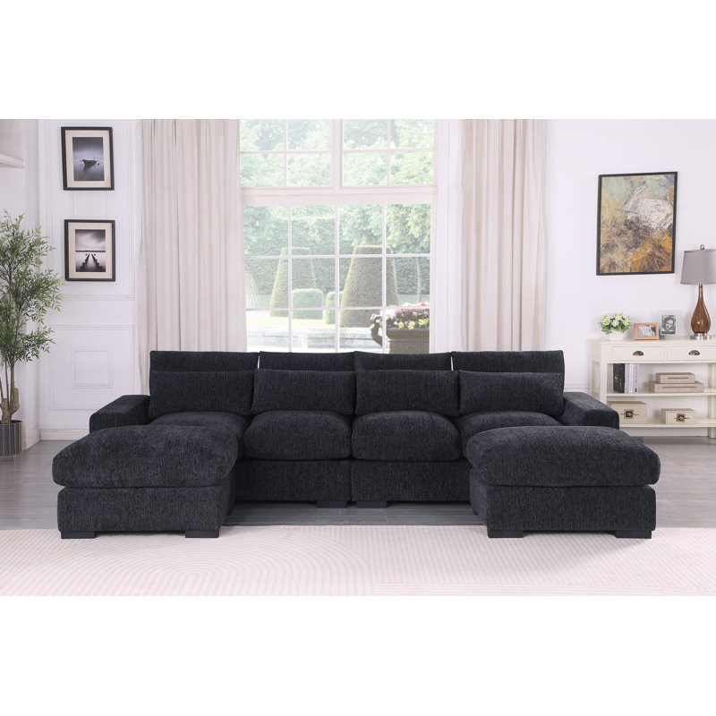 Canapé modulaire à méridienne rembourré Mauralia, Chenille grise foncée