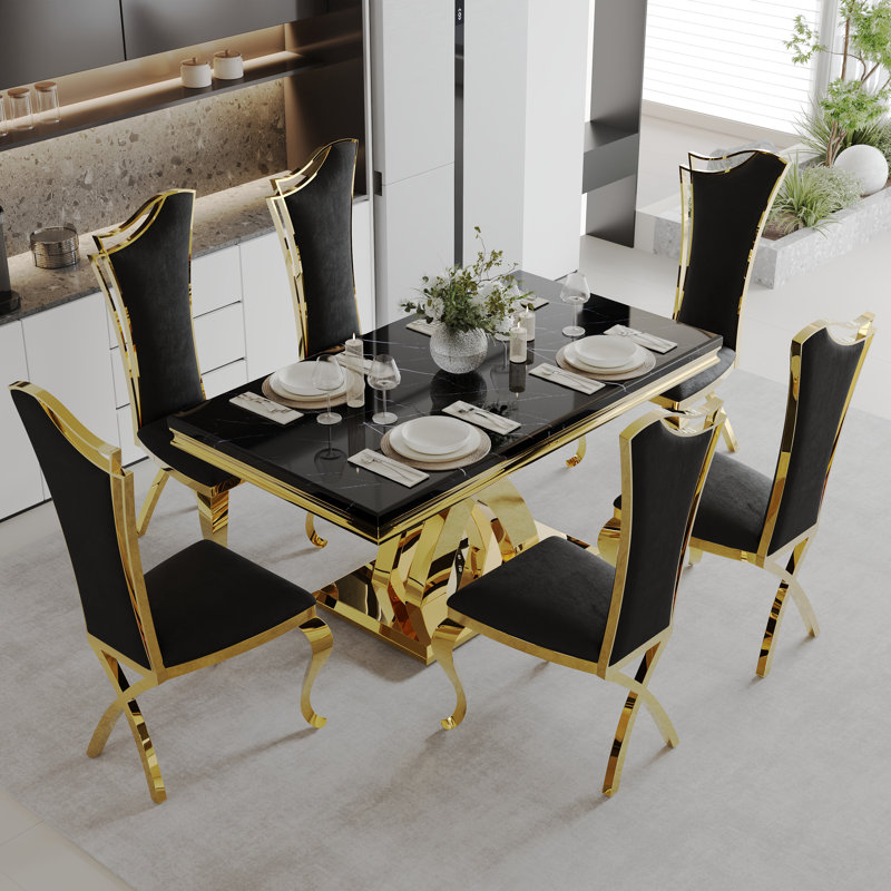 Ensemble de table de salle à manger luxueux noir et or avec 6 chaises de salle à manger en velours noir