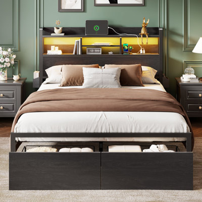 Queen Bed with 2 Drawers and Open Storage Headboard, Adjustable LED Light and Charging Station, No Box Spring Needed