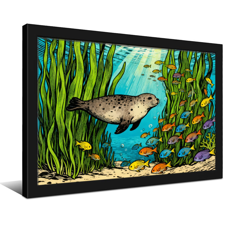 Animal Seal Swimming Among Seaweed And Fish, 16" H x 24" W, Wrapped Canvas, Does Not Apply