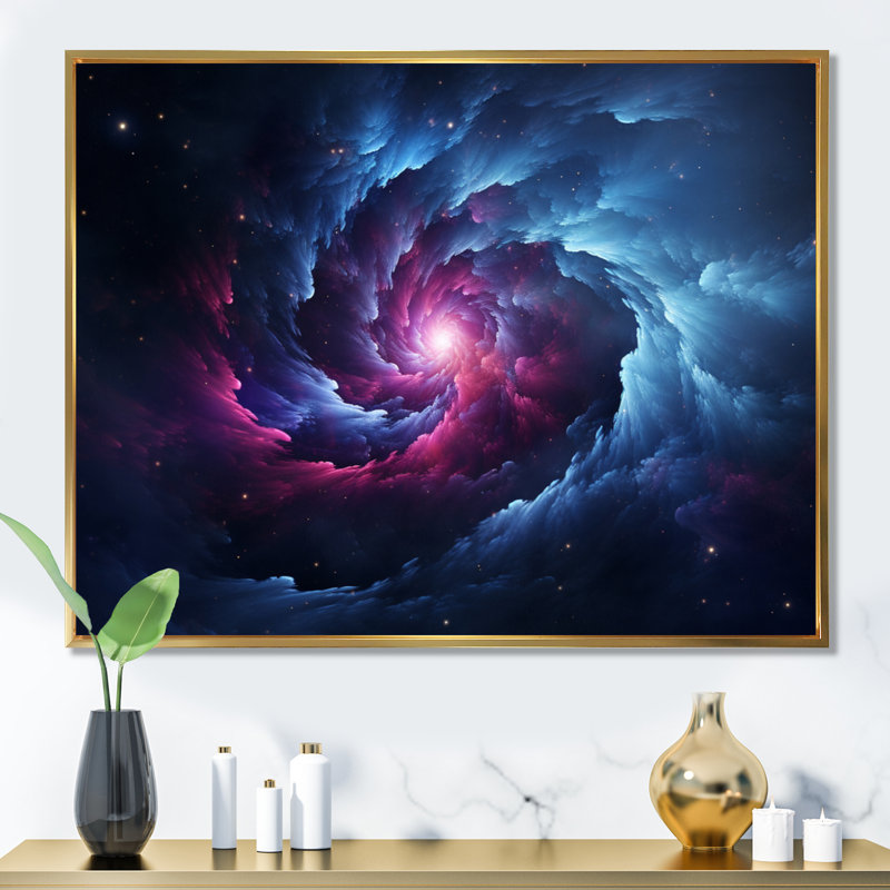 Rose et bleu, rêves astronomiques sur toile, H 24 po x l 32 po x P 1 po, Cadre flottant doré