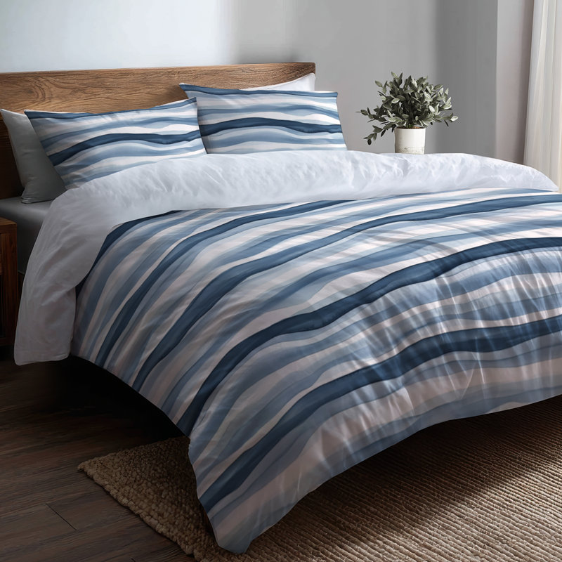 Ensemble de housse de couette et de coussin rayé bleu marine et blanc, Housse de couette pour grand lit et 2 taies décor