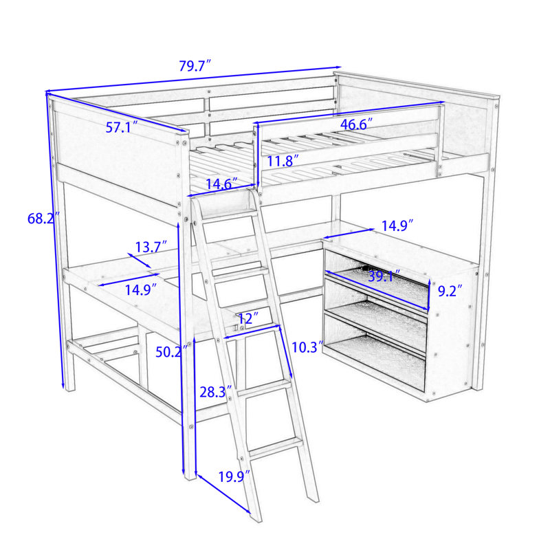 Wood Loft Bed With Desk And Shelves, Espresso, Full