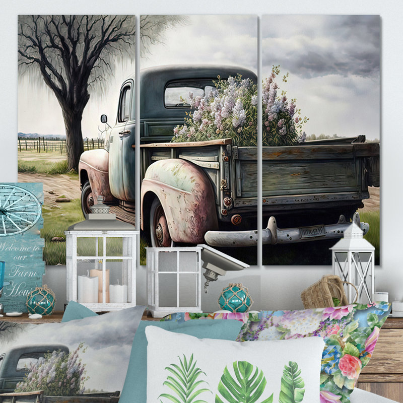 Camion de livraison de grange V - impression de 3 pièces, H 28 po x l 36 po x P 1 po, Toile tendue