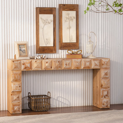 59.06" Rustic Geometric Relief Console Table - Solid Wood & MDF Entryway Table With 3D Carved Details For Living Room/Hallway
