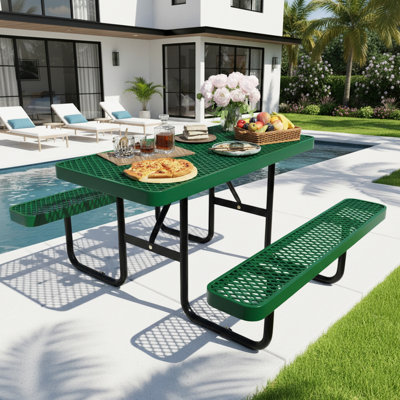 Outdoor Thermoplastic-Coated Commercial Picnic Table for 4-6, Coated Metal Picnic Table Heavy Duty, Rectangular