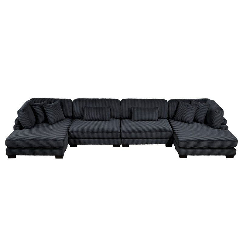 Canapé modulaire en U 4 pièces Larry, Velours côtelé noir