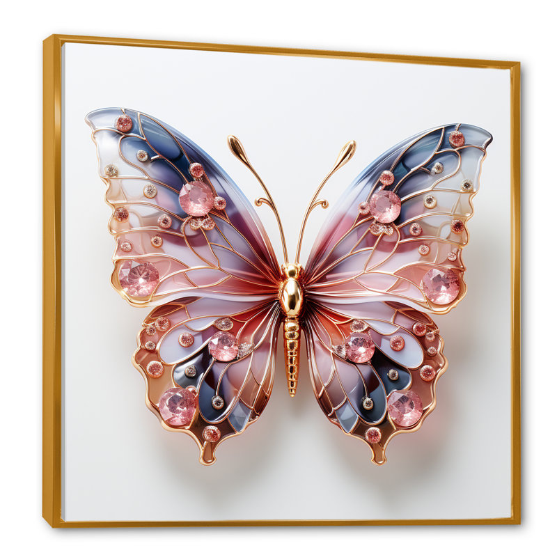 «Blue and Pink Crystal Butterfly II», art mural papillon, Cadre flottant doré, H 36 po x l 36 po x P 1,5 po