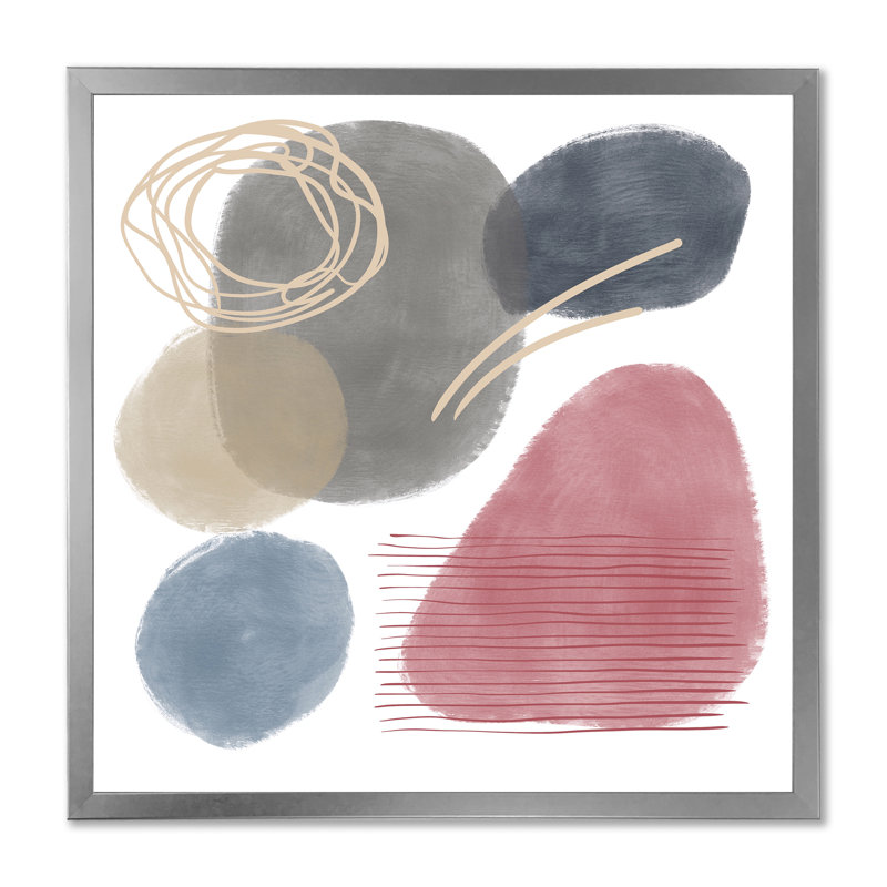 Éléments abstraits rouges, bleus et gris organiques - Peinture sur toile, H 16 po x l 16 po x P 1 po, Cadre photo argenté