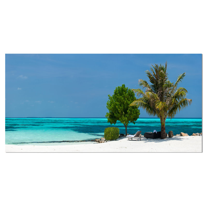 Plage avec sable blanc et eau turquoise - reproduction de photo sur toile tendue, H 16 po x l 32 po x P 1 po
