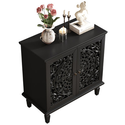 Vintage Hollow-Carved Accent Cabinet, 2-Door Display Storage Sideboard with Symmetrical Floral Design, Adjustable Shelf and Solid Wood Legs for Living Room Entryway