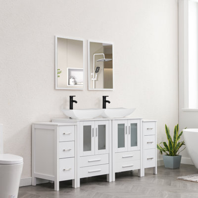 Rameesha 72"" Double Bathroom Vanity Set with Manufactured Wood Top, Ceramic Sink, Faucet -  Latitude RunÂ®, DF120014B47E4A3099C95CE78EAFB10E