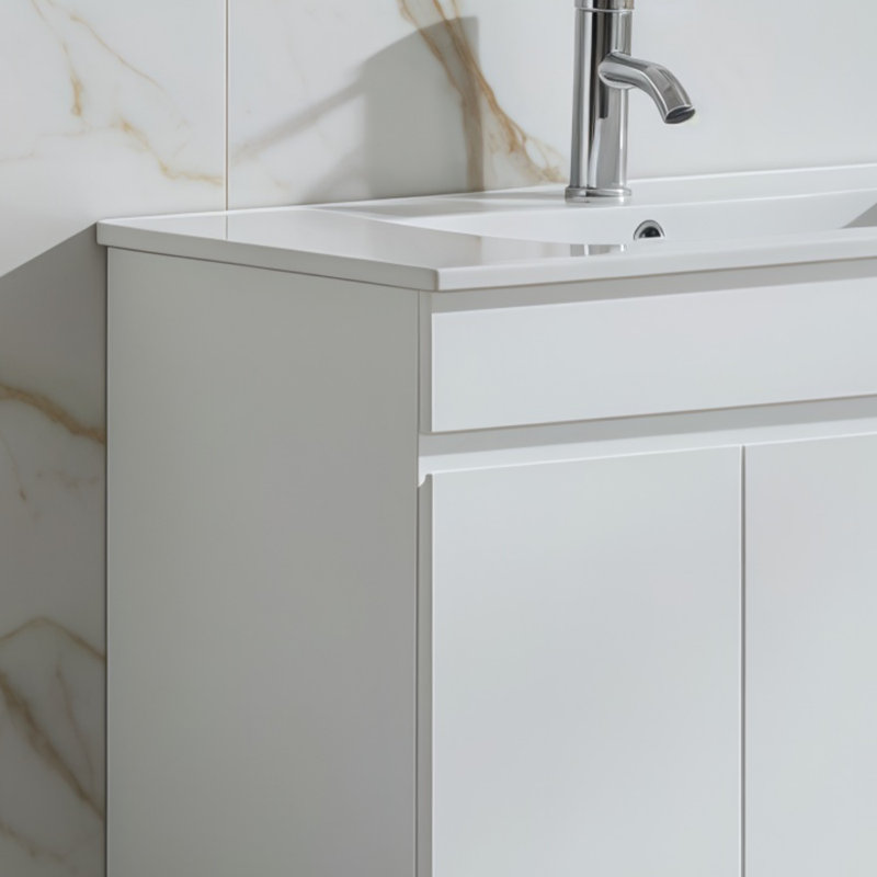 Meuble-lavabo en bois blanc, comptoir en céramique, avec miroir et robinet