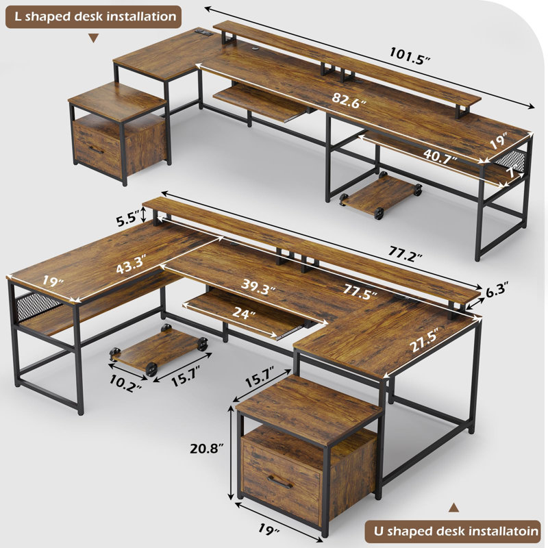 Keon U-Shaped Computer Desk with Power Outlet, Brown/Black