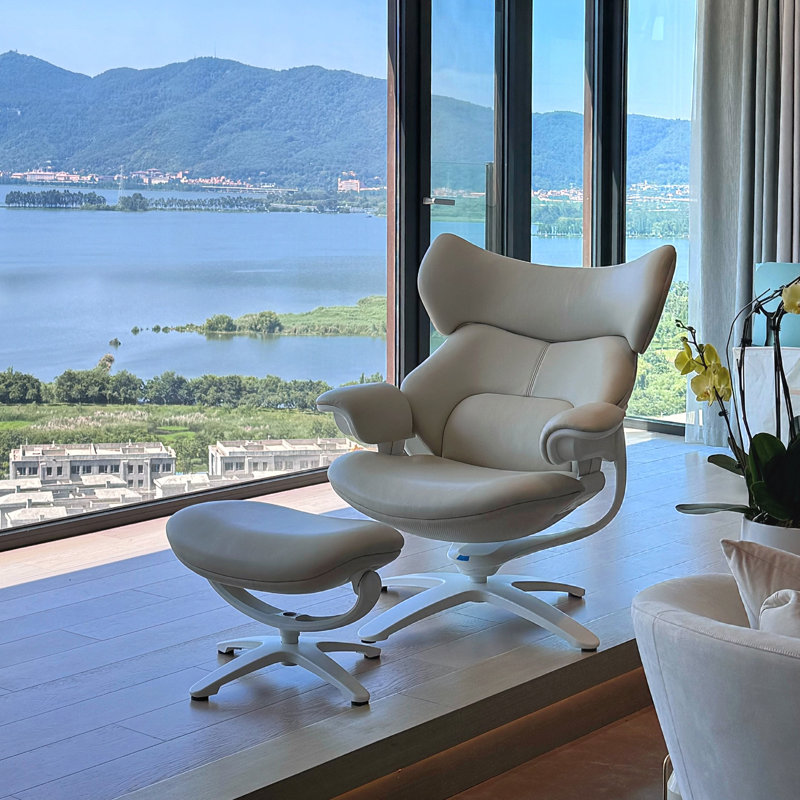 Genuine Leather Reclining Swivel Chair with Adjustable Headrest and Ottoman for Living Room, Executive Office, Bedroom,Study. Real Leather Luxury Recliner for Reading and Relax(White)