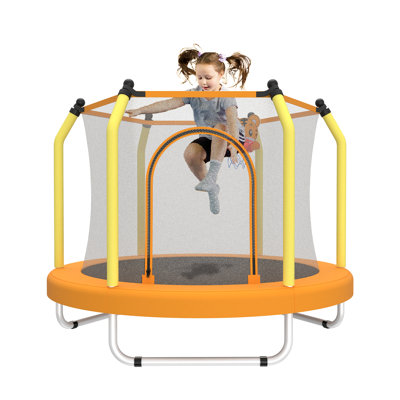 55-inch Trampoline for Kids Indoor & Outdoor Small Toddler Trampoline with Basketball Hoop, Yellow